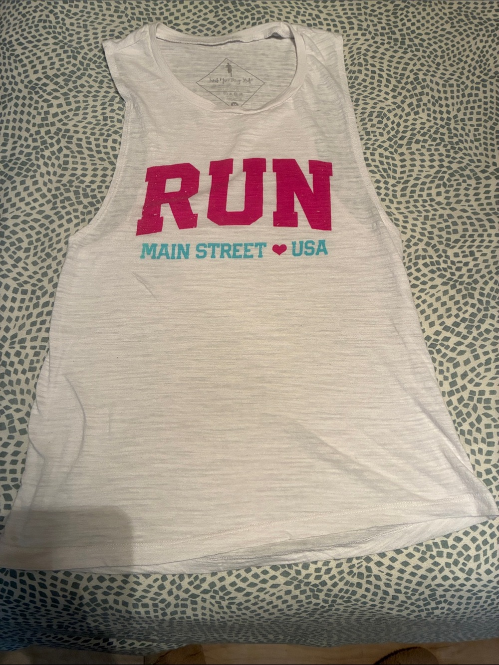 White Women's Sleeveless Tank Top with Pink RUN Graphic and Teal Accent